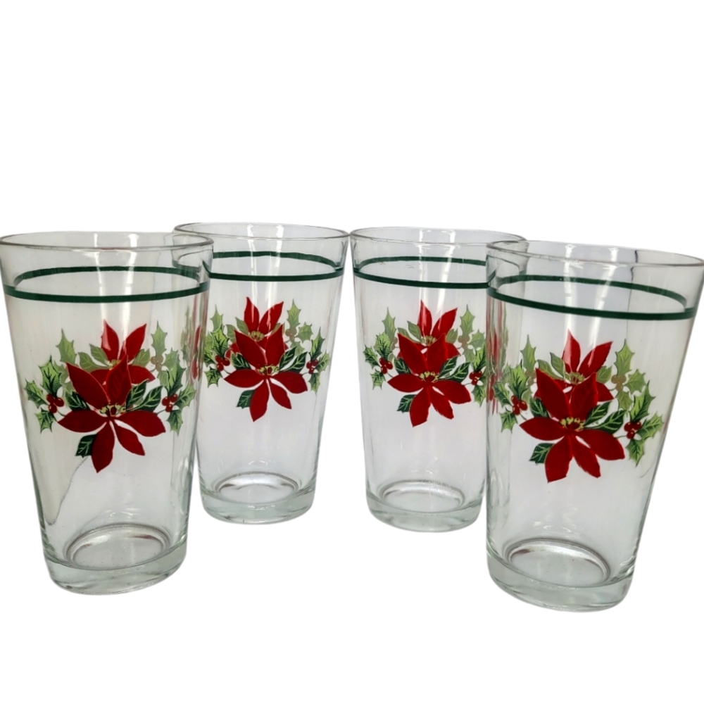 Gibson POINSETTIA HOLIDAY 16-oz Glass Tumbler (s) LOT OF 4 Christmas Holly Berry